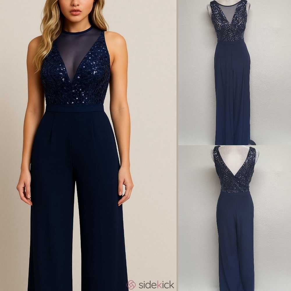 Nightway Navy Blue Sequin Mesh Panel Pleated Empire Waist Wide Leg Jumpsuit 10